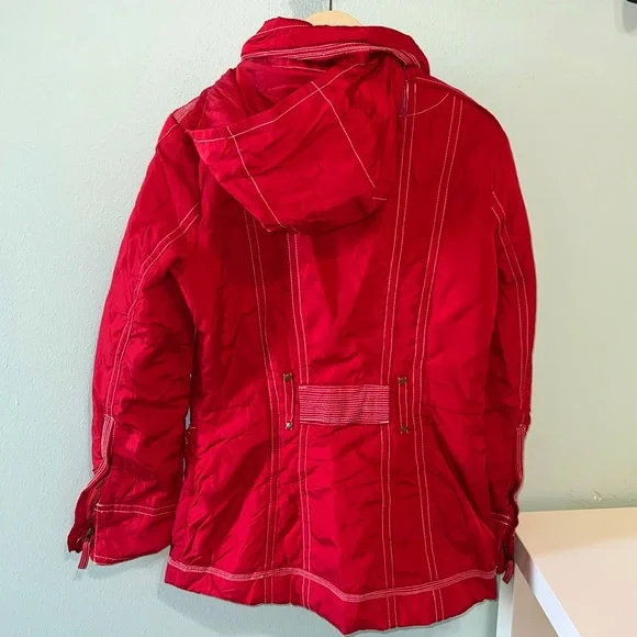 Zara Basic Women’s Red Raincoat Full Zip with Detachable Hoodie & Pockets, S